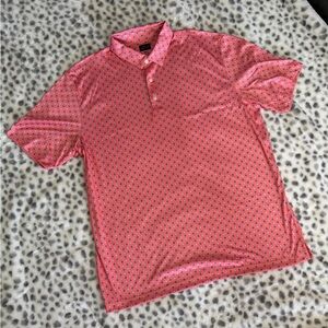 Greg Norman Shark Logo Polo Shirt – Men’s XL – Coral Pink w/ Blue Floral Print